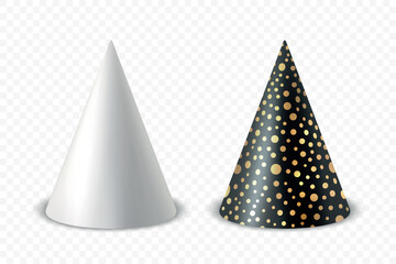 Vector 3d Realistic Black and Black White Birthday Party Hat Icon Set Isolated. Party Cap Design Template for Party Banner, Greeting Card. Holiday Hats, Cone Shape, Front View