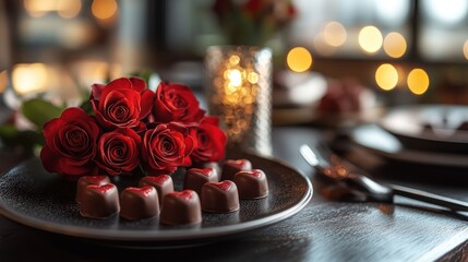 A romantic setting featuring red roses and chocolate treats, perfect for a special occasion.
