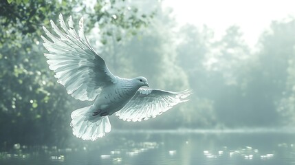 Obraz premium Graceful dove in flight over calm lake nature photography serenity