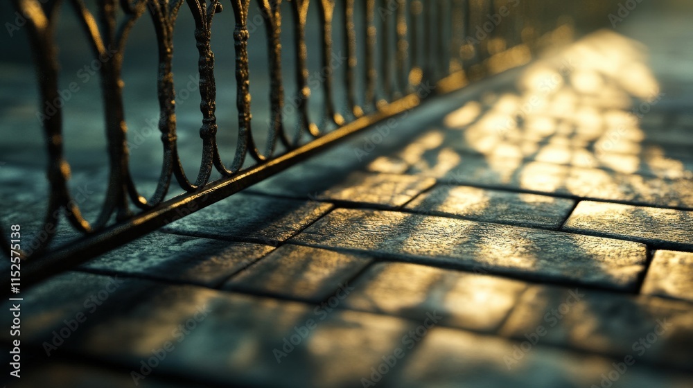 Poster close-up view of intricate metal fence casting shadows on paved pathway during golden hour light in 