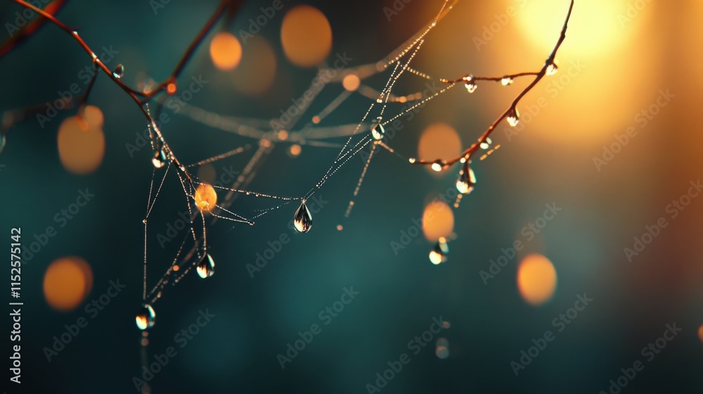 Poster dewy spider web with water droplets captured in soft light, creating a dreamlike atmosphere of natur