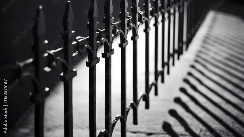 Poster Black and White Shadow Play of a Metal Fence with Intricate Design Casting Shadows on the Ground in Soft Light Condition Highlighting Texture and Patterns