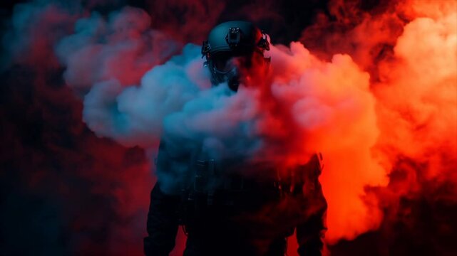 Soldier Amidst Smoke and Dust in a Desolate Cityscape during Combat