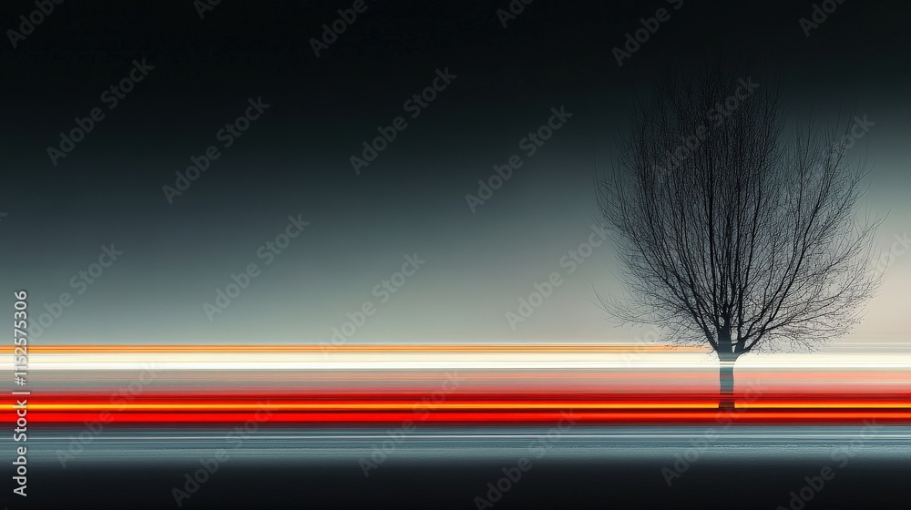Poster serene landscape with lonely tree and motion blur of light trails at dusk, capturing the contrast be