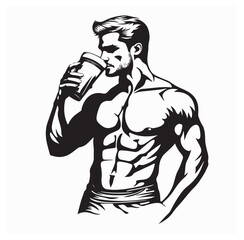 Muscular Man Drinking Whey Protein Shake Image Vector isolated on white background.