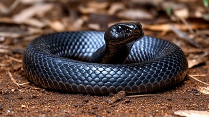 Obraz premium A black snake coiled on the ground in a natural setting.
