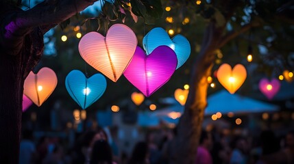 Heart-shaped paper lanterns illuminate a nighttime gathering.