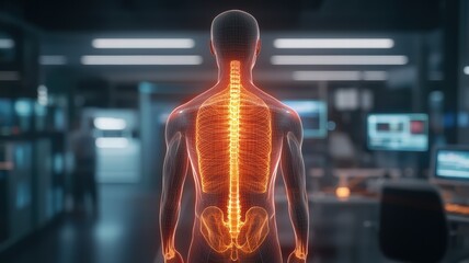 Cybermedical full body scan of glowing bones and organs in high fidelity laboratory setting