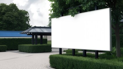 Big white blank advertisement billboard in a green park