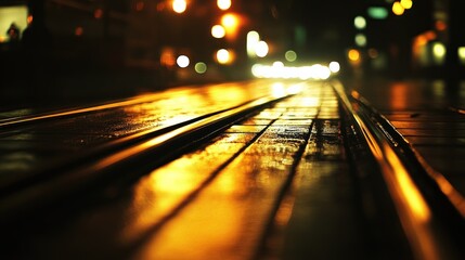 A close-up view of wet train tracks at night, illuminated by distant lights.