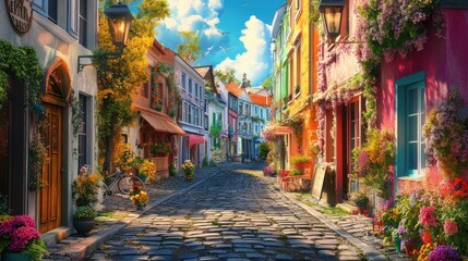 Fototapeta premium A cobblestone street in an old European village, lined with colorful houses and lanterns