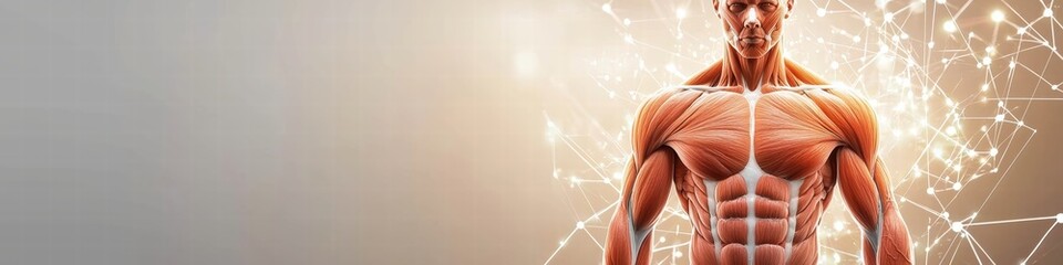 Muscle anatomy digital human scan with glowing high fidelity overlay in studio environment for educational visualization