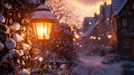 Snow Covered Lantern Illuminates Winter Village Scene