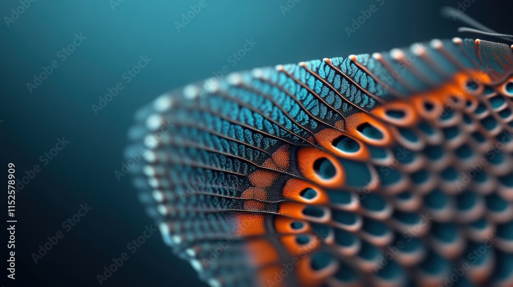 Poster close-up of intricate textured surface featuring vibrant blue and orange patterns, showcasing the be