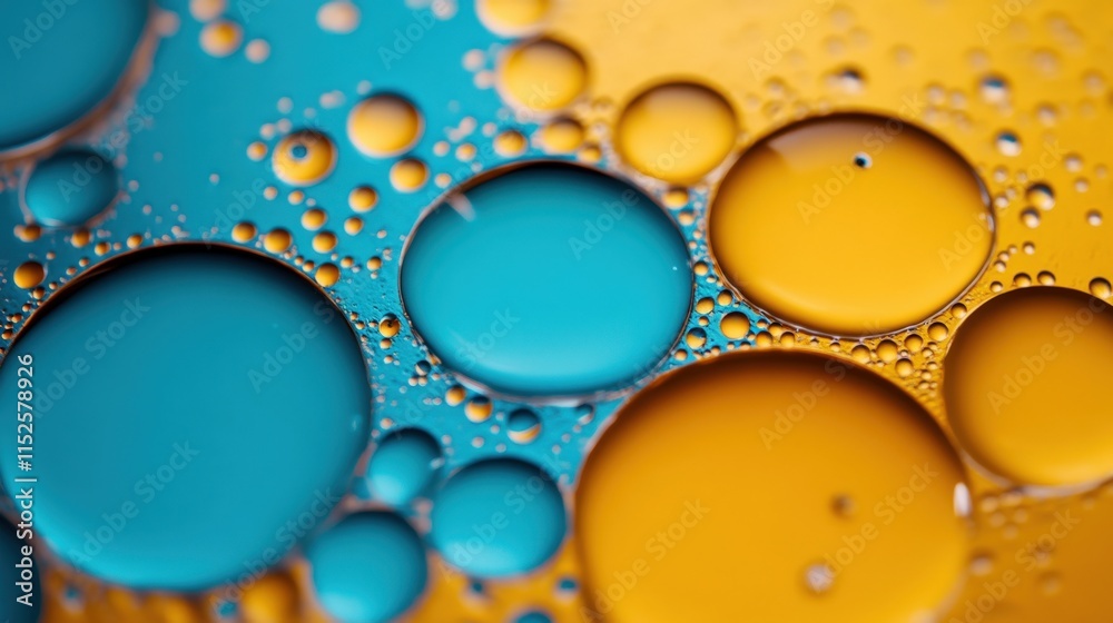 Poster close-up of vibrant blue and yellow oil droplets on a surface, abstract bubble patterns with vivid c
