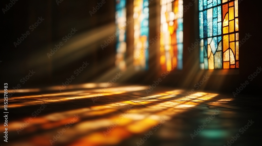 Poster Sunlight Illuminates Colorful Stained Glass Windows in a Serene Indoor Space, Casting Warm Shadows on the Floor, Creating a Tranquil Atmosphere of Reflection