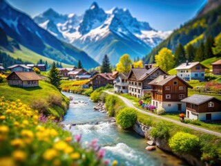 Obraz premium Stunning tilt-shift photography captures Alpine beauty; a miniature world of charming villages and majestic peaks.