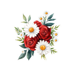 Classic Watercolor Wedding Bouquet of Red Roses and Daisies