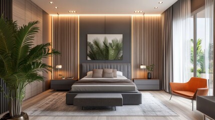 Fototapeta premium Modern bedroom interior design with gray bed, beige curtains, and orange armchair.