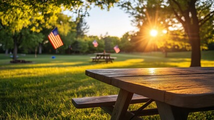 Sunset Picnic Table With American Flags In Park