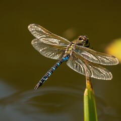 A macro shot of a dragonfly perched delicately on the tip of a leaf, set against a clear blue sky.
