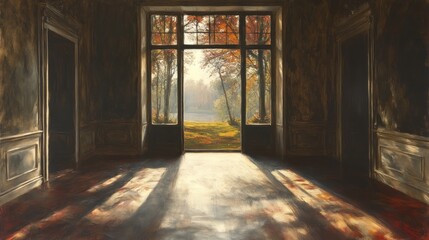 Obraz premium A serene view of autumn trees through an open doorway in a dimly lit room.