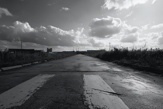 Fototapeta Monochrome photo of a long, deserted road vanishing into the horizon under a cloudy sky.