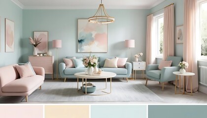 Obraz premium Elegant Pastel Living Room Design With Modern Furniture