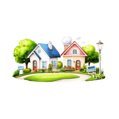 Naklejka premium Watercolor Suburban Road with Charming Houses