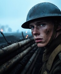 Obraz premium Close-up of a young soldier in a muddy trench during World War I