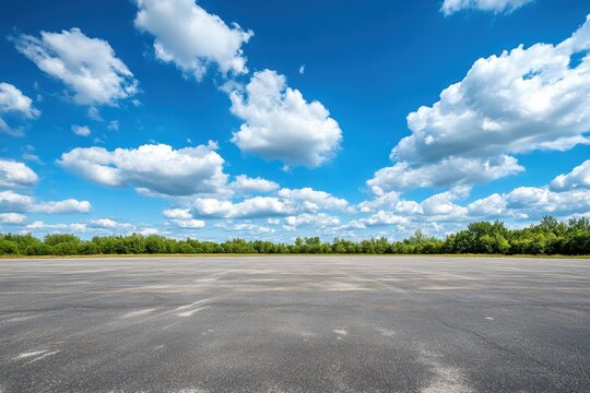 Empty asphalt road under a bright blue sky with fluffy white clouds and green trees in the background.