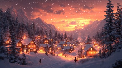 A serene winter village at sunset, with snow-covered houses and a peaceful atmosphere.
