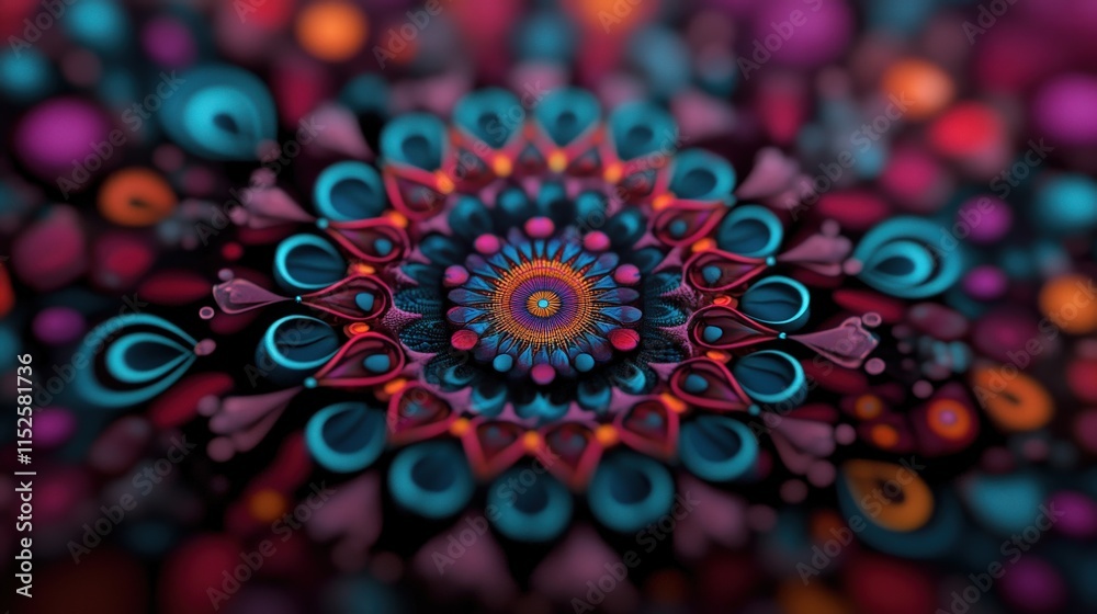 Poster Vibrant Abstract Mandala Design Featuring Circular Patterns and Bright Colors on a Dark Background, Perfect for Creative Projects and Digital Art