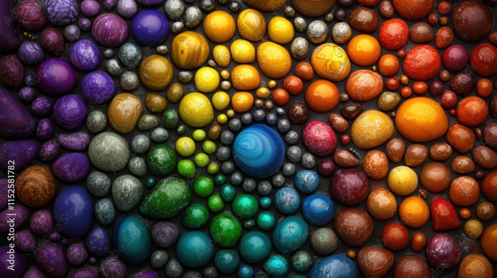 Poster Colorful Abstract Arrangement of Multicolored Pebbles and Stones in Circular Pattern Representing Harmony and Balance in Nature's Beauty
