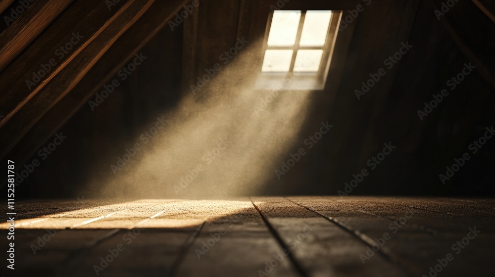 Poster sunlight streaming through an attic window illuminating dust particles on a wooden floor in a rustic