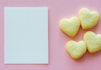 Obraz premium Sweet Heart Shaped Cookies and Blank Note Valentines Day Card Mockup