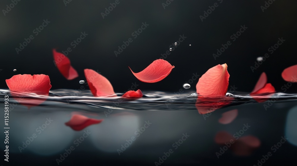 Poster elegant red rose petals floating gently on calm water surface, capturing a serene and romantic atmos