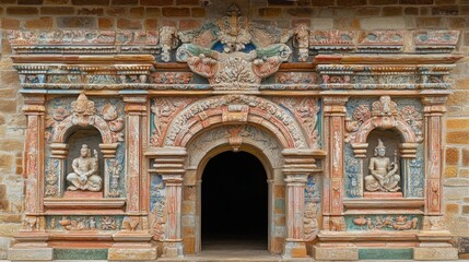 Fototapeta premium Ornate Temple Entrance With Intricate Carvings And Statues