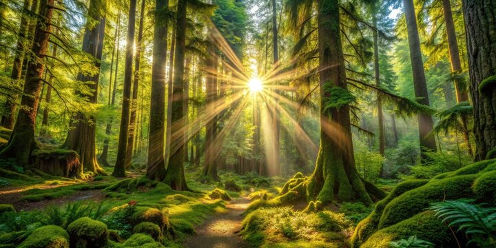 Surreal sunbeams pierce MacMillan Rainforest's emerald depths, a Vancouver Island photographic marvel.