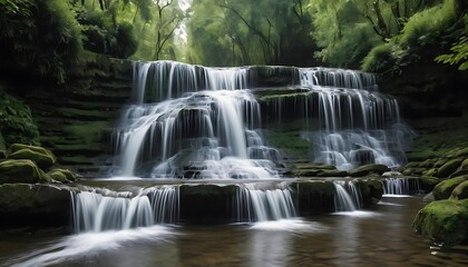 Fototapeta premium Serene Waterfall Cascading Through Lush Green Forest