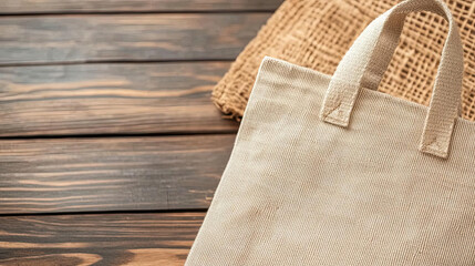 neutral canvas tote bag on wooden surface, showcasing its texture and design