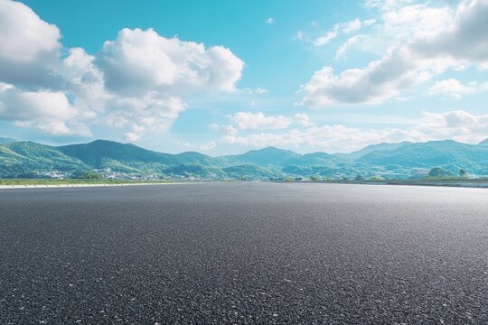 Asphalt road leading to green mountains under a blue sky.