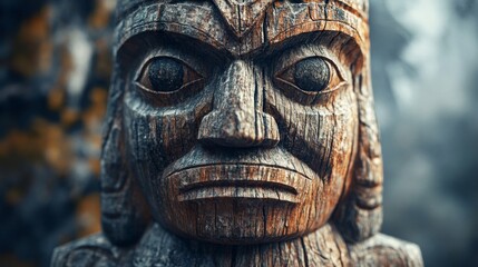 Weathered Wooden Totem Face Shows Ancient Carving
