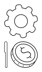 Gear icon, coin with dollar sign, and vertical stick element. Ideal for financial concepts, business operations, investment strategies, economic growth, technical processes, efficiency financial