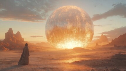 Fototapeta premium A figure stands in awe before a massive glowing orb in a surreal desert landscape.