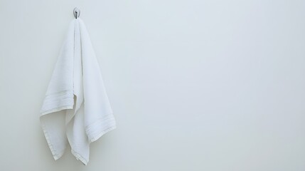 A soft white towel hanging from a hook, against a clean white wall