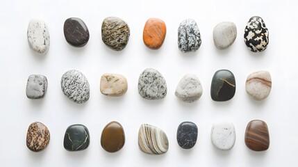A collection of small, polished stones arranged neatly on a white background