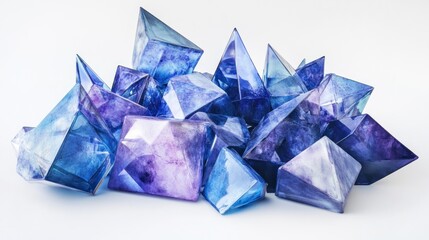 A collection of translucent purple and blue geometric crystals arranged artistically.