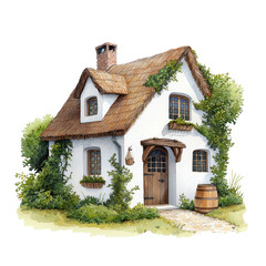 Cozy Watercolor Cottage with Thatched Roof