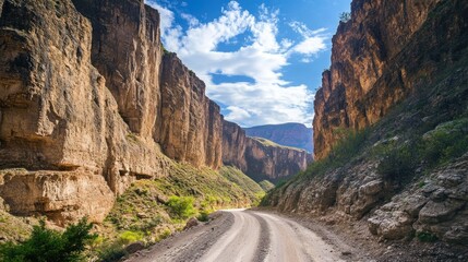 A narrow road carved into a sheer mountain face, dramatic cliffs towering above 